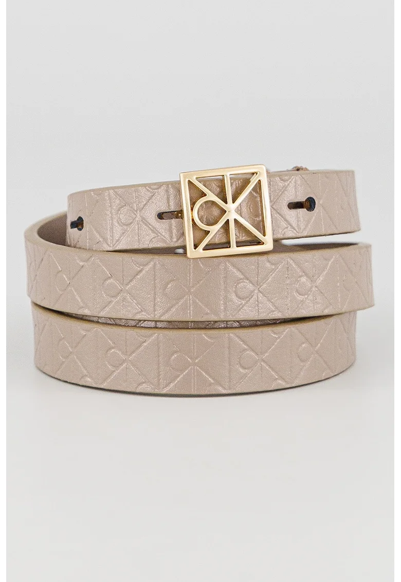Curea de piele cu model monograma, Maro taupe deschis