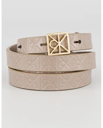 Curea de piele cu model monograma, Maro taupe deschis