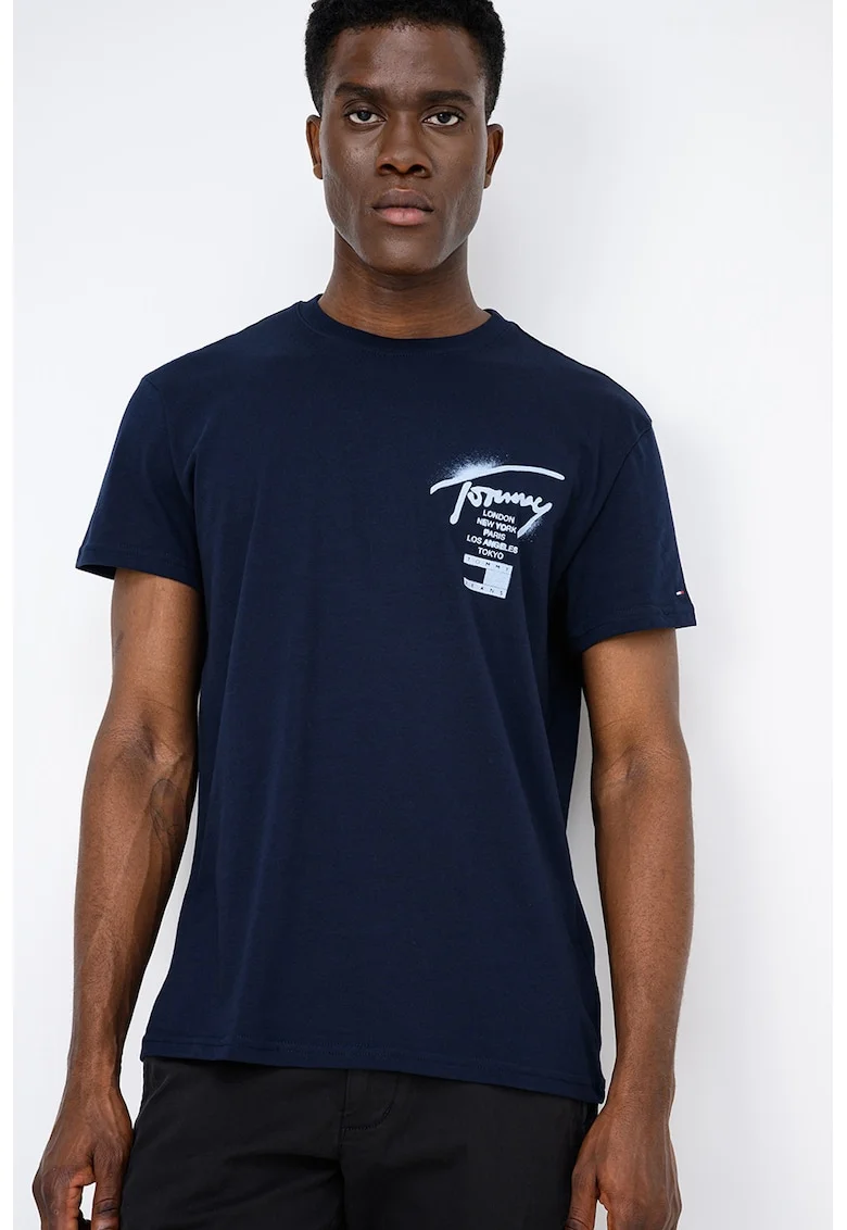 Tricou de bumbac cu decolteu la baza gatului, Bleumarin