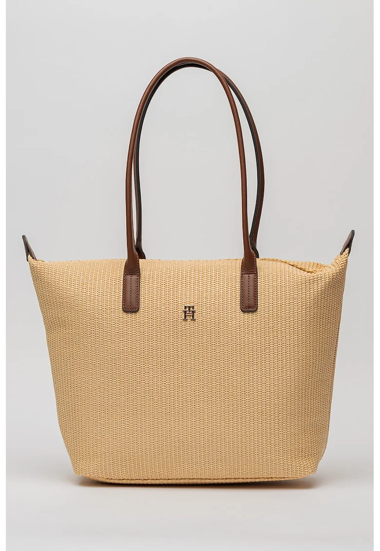 Geanta shopper cu garnituri de piele, Crem
