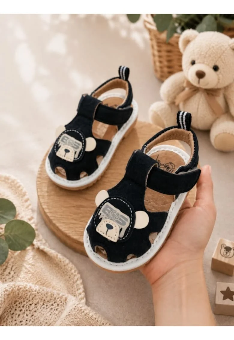 Sandalute pentru bebelusi cu piuitoare - Happy Cute Bear, Negru