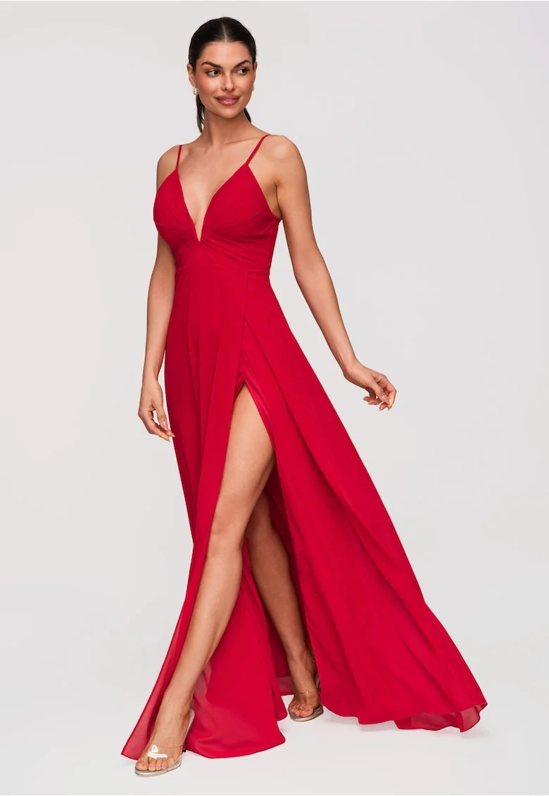 Rochie Maxi de Seara Eleganta cu Decolteu Adanc si Bretele Subtiri Ajustabile, Rosu