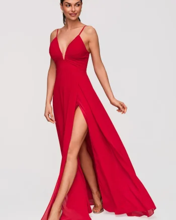 Rochie Maxi de Seara Eleganta cu Decolteu Adanc si Bretele Subtiri Ajustabile, Rosu