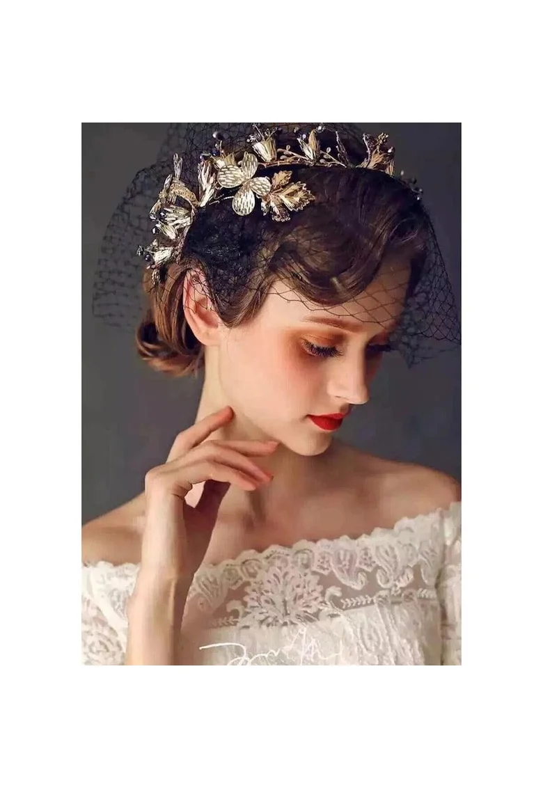 Accesoriu de par, auriu, modelator, cu frunzulite si cristale, Mailyn C7,