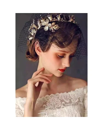 Accesoriu de par, auriu, modelator, cu frunzulite si cristale, Mailyn C7,
