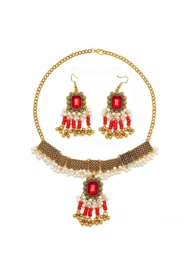 Set colier si cercei, auriu, stil indian, cu pietre rosii si perle, Liana C15,