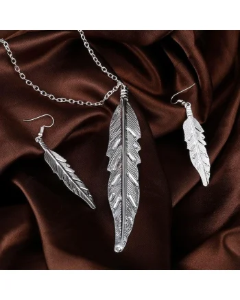 Set colier si cercei, argintiu, forma de pene, Karla C13,