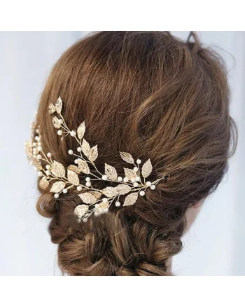 Accesoriu par, auriu, cu frunzulite si perlute, Anitha C5,