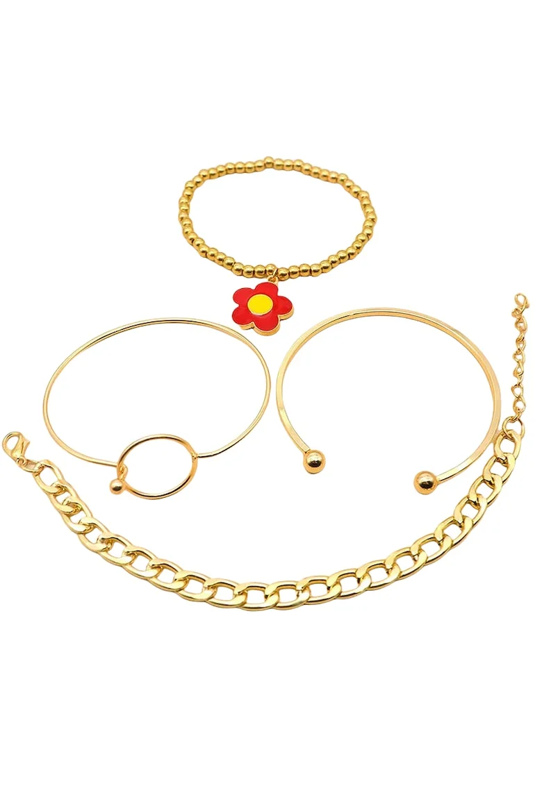 Set 4 bratari, aurii, cu zale si floare rosie, Lorentina C5,