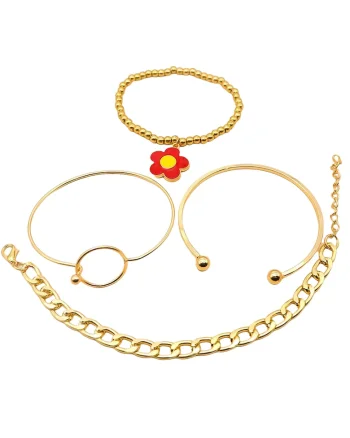 Set 4 bratari, aurii, cu zale si floare rosie, Lorentina C5,