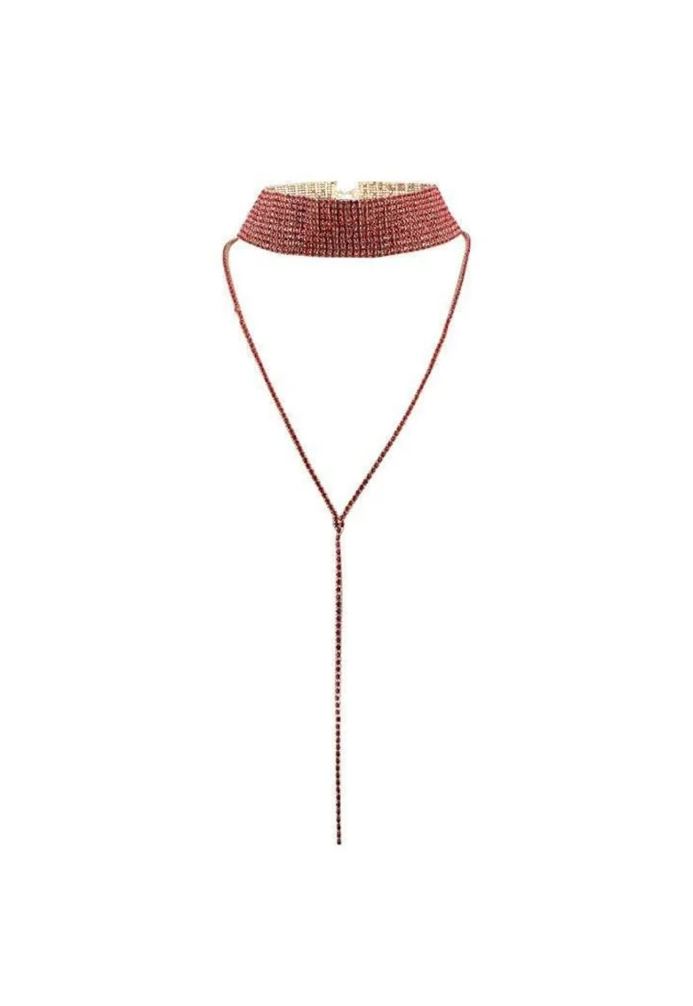 Colier choker, auriu, cu pietre rosii, Davie C4,