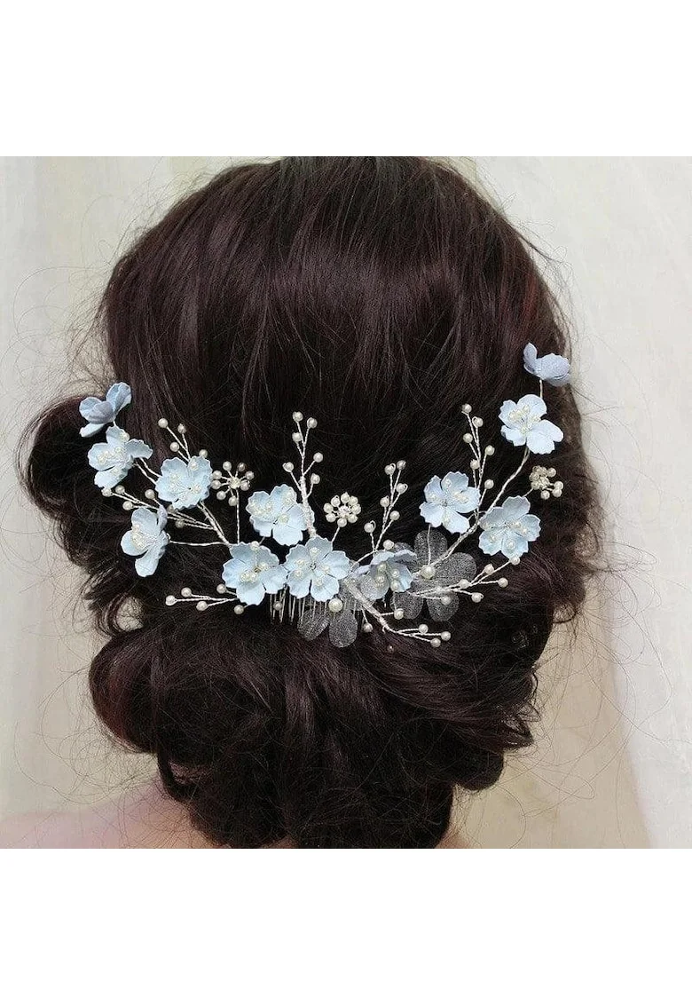 Accesoriu de par, argintiu, cu floricele bleu si perle, Thia C11,