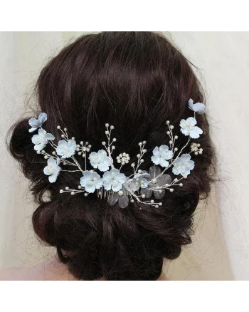 Accesoriu de par, argintiu, cu floricele bleu si perle, Thia C11,