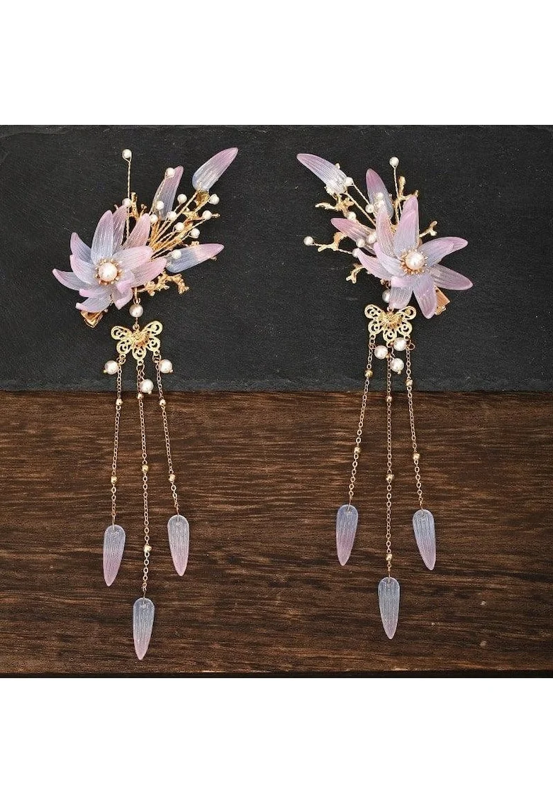 Set 2 accesorii par, aurii, cu flori mov, pietre si lanturi, Helga C7,