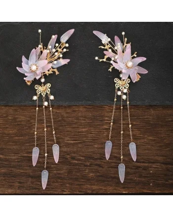 Set 2 accesorii par, aurii, cu flori mov, pietre si lanturi, Helga C7,