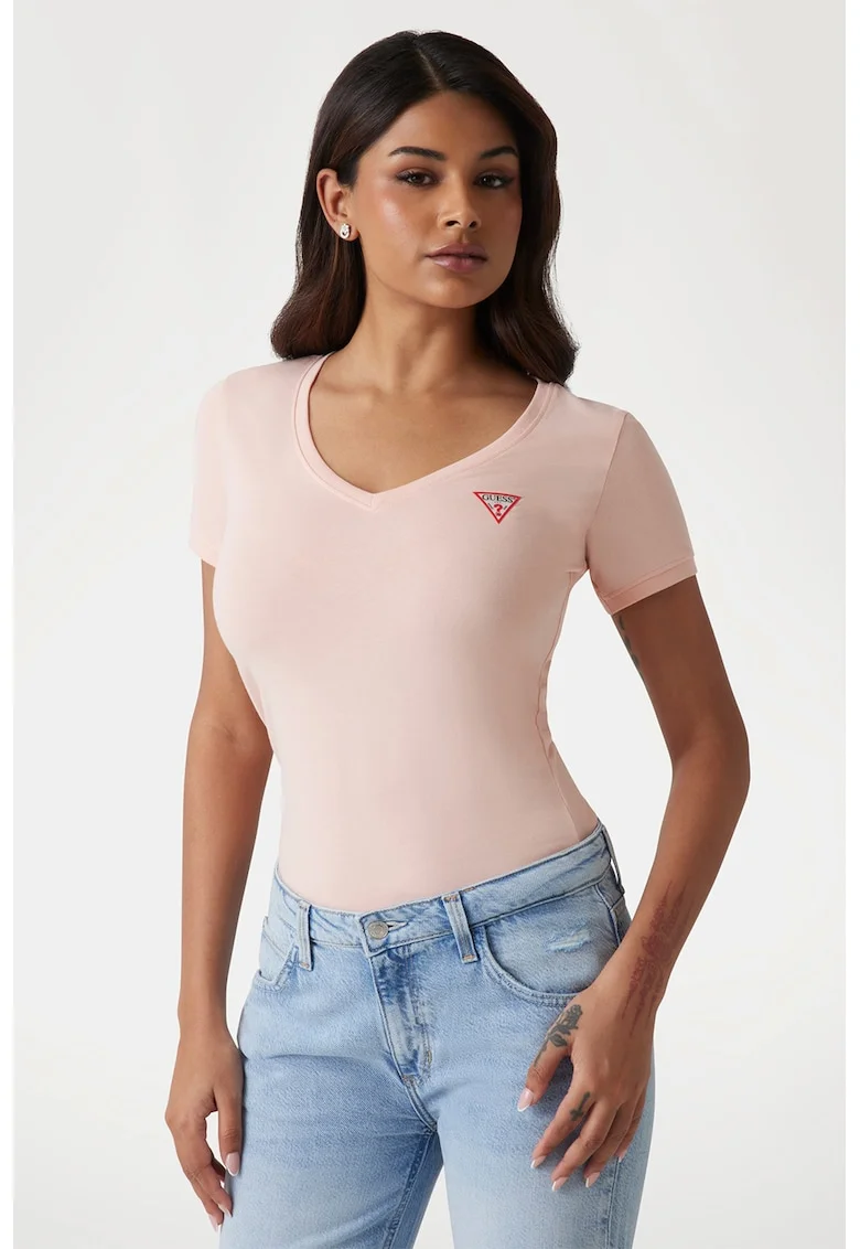 Tricou slim fit cu decolteu in V, Piersica