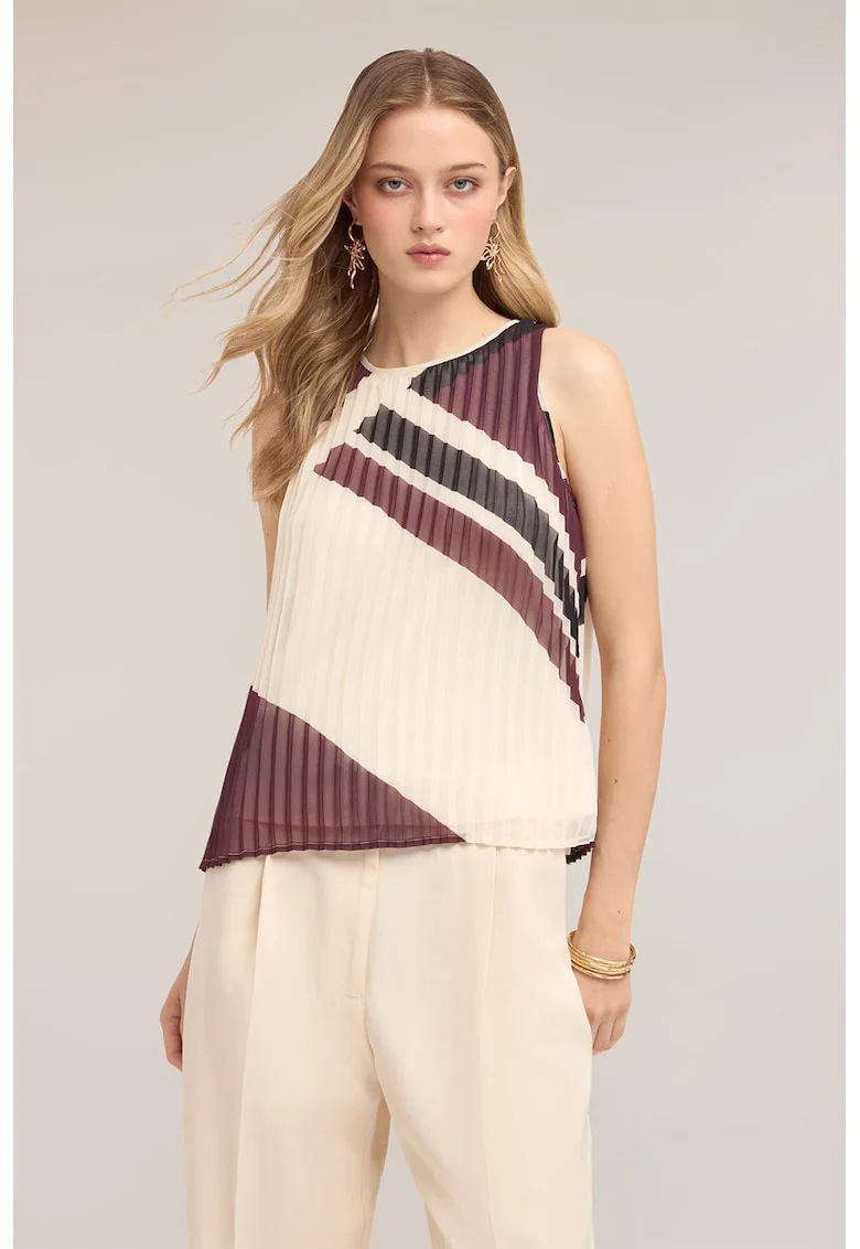 Bluza din crep fara maneci, Negru stins, Crem, Violet pruna,
