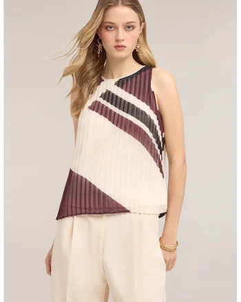 Bluza din crep fara maneci, Negru stins, Crem, Violet pruna,