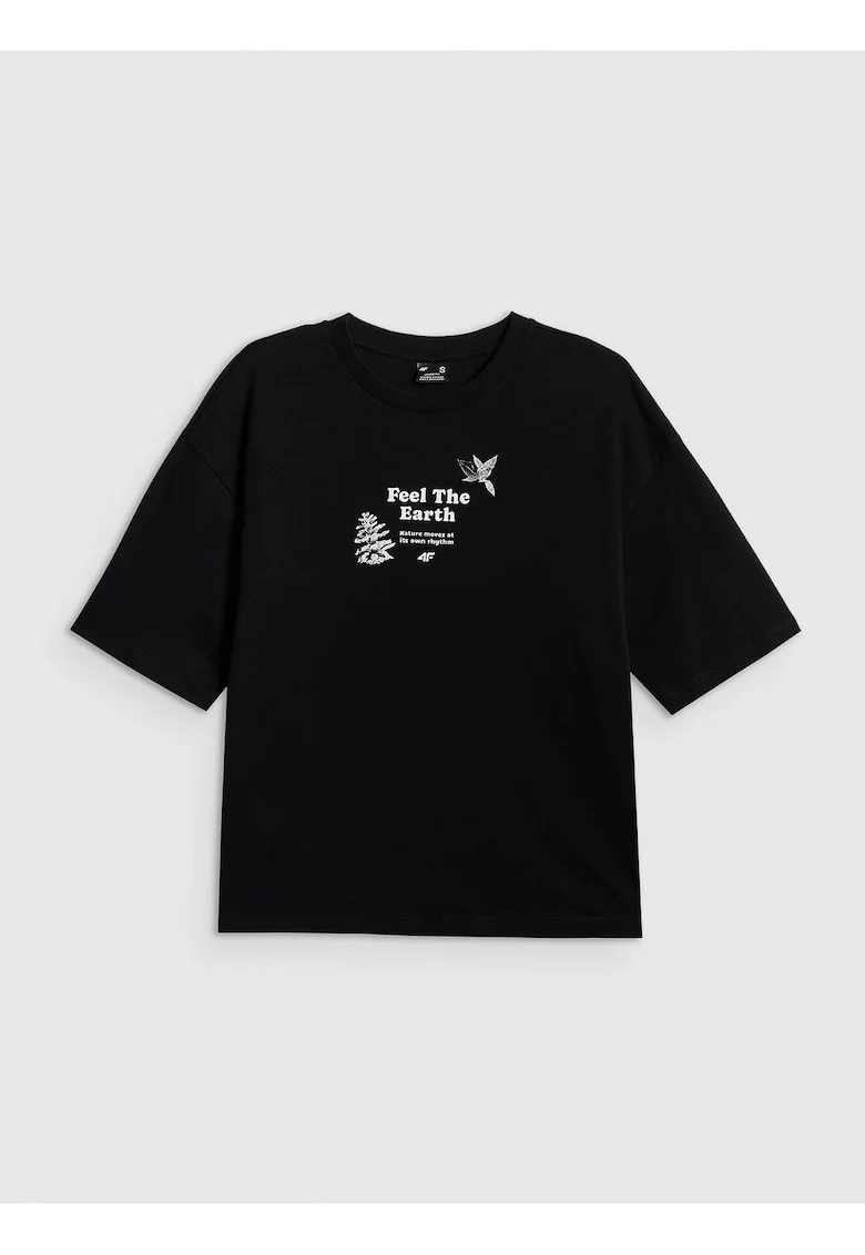 Tricou dama  regular, imprimeu grafic, negru, tricotaj dens, bumbac