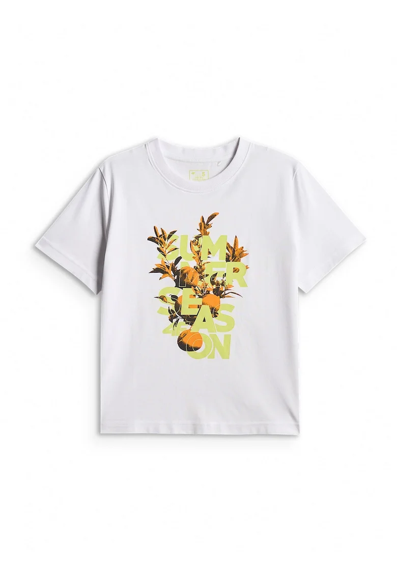 Tricou dama  boxy, bumbac, lejer, cu imprimeu, alb