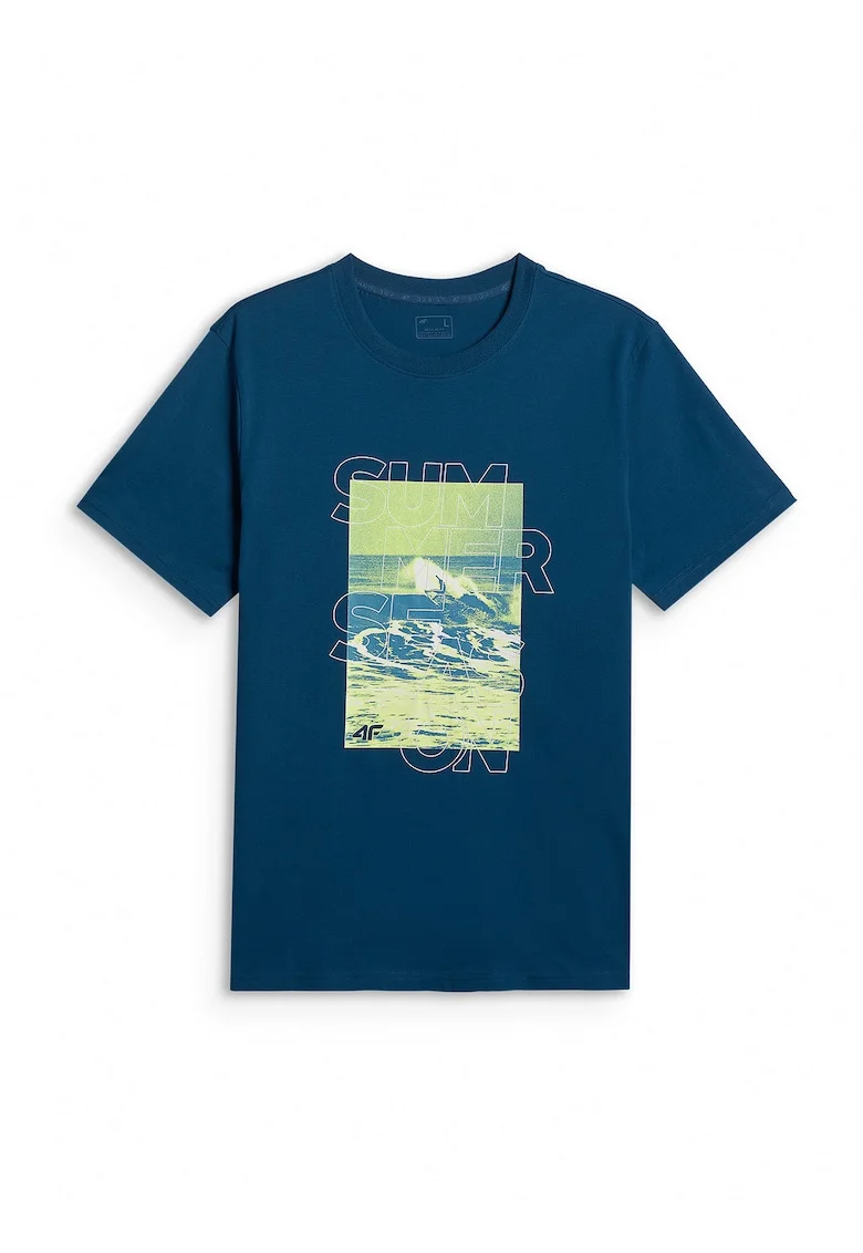 Tricou barbati  regular, imprimeu, turcoaz, bumbac