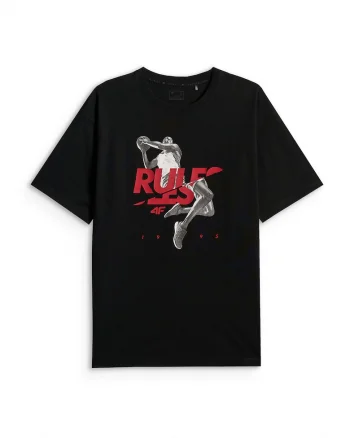 Tricou barbati  imprimeu, bumbac, negru, croiala lejera