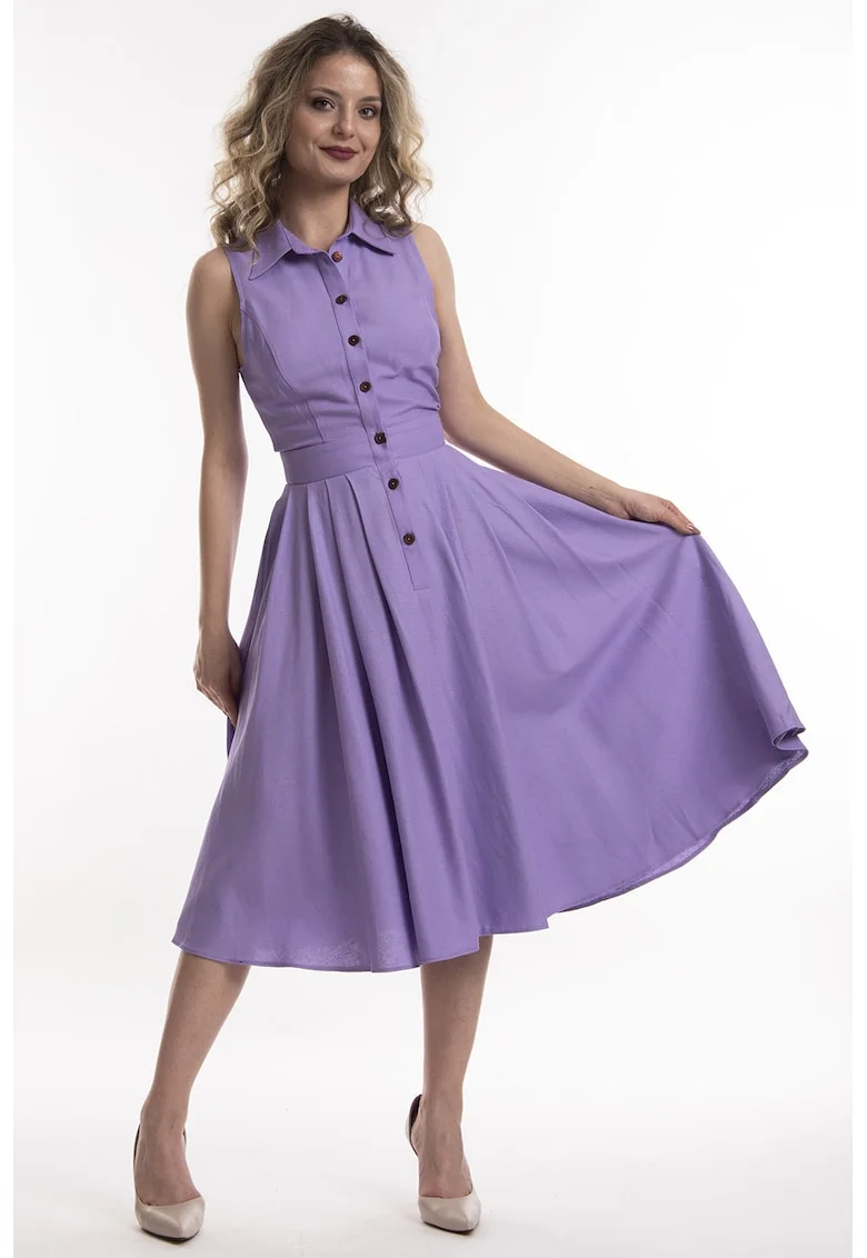 Rochie midi de in cu croiala evazata Valeria, Violet deschis