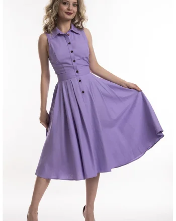Rochie midi de in cu croiala evazata Valeria, Violet deschis