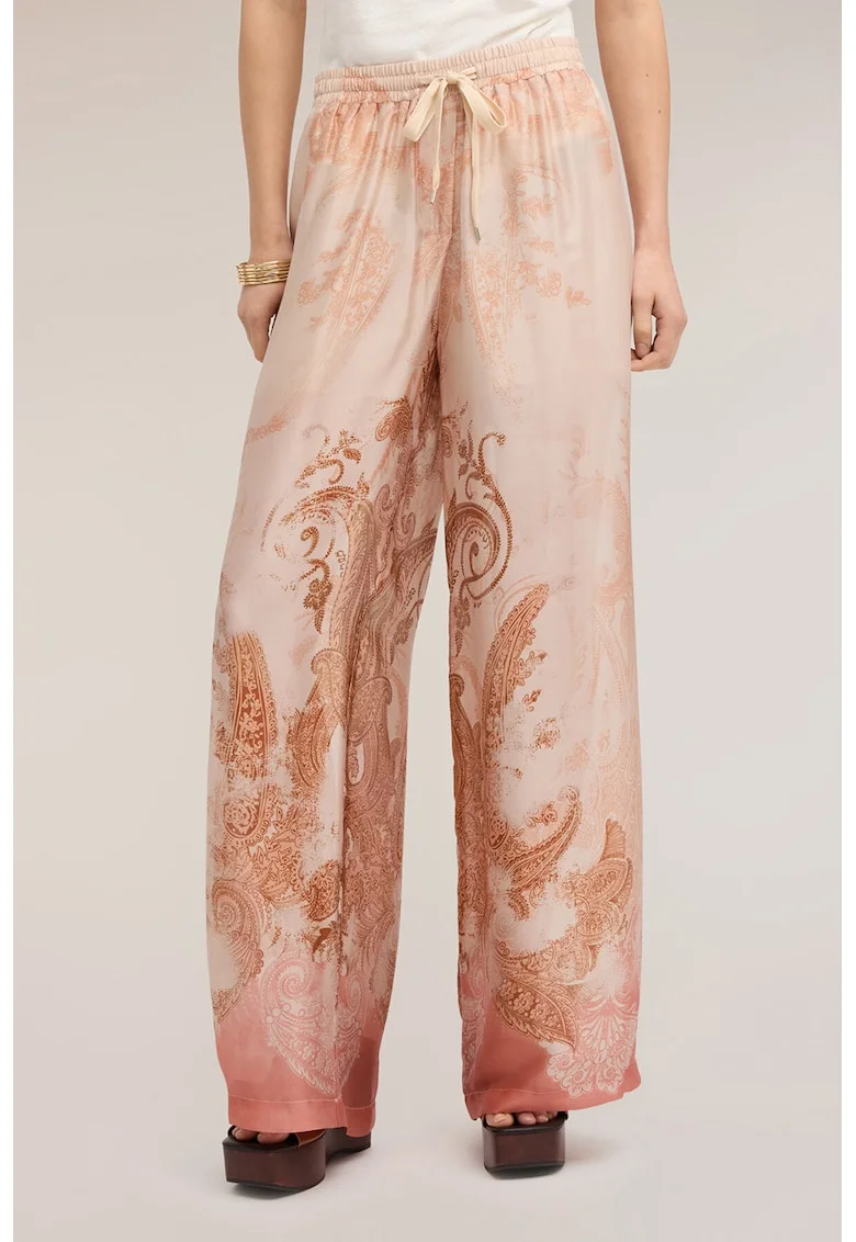Pantaloni ampli cu model si talie ajustabila, Roz deschis
