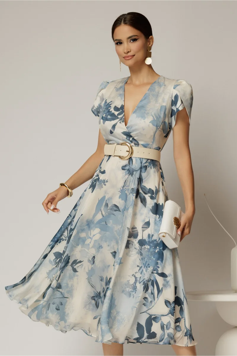 Rochie DY Fashion eleganta din voal satinat cu imprimeuri albastre