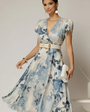 Rochie DY Fashion eleganta din voal satinat cu imprimeuri albastre