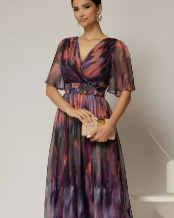 Rochie midi de ocazie din voal cu imprimeuri mov