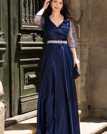 Rochie de seara bleumarin Giorgia lunga din tafta cu maneci paietate