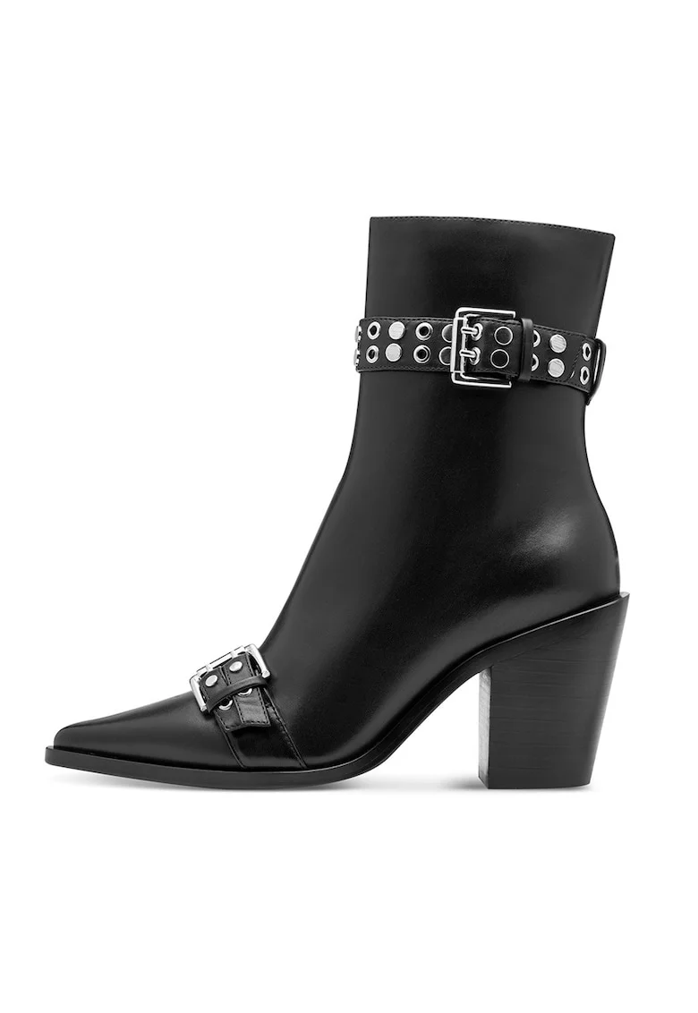 Botine din piele cu toc masiv, Negru
