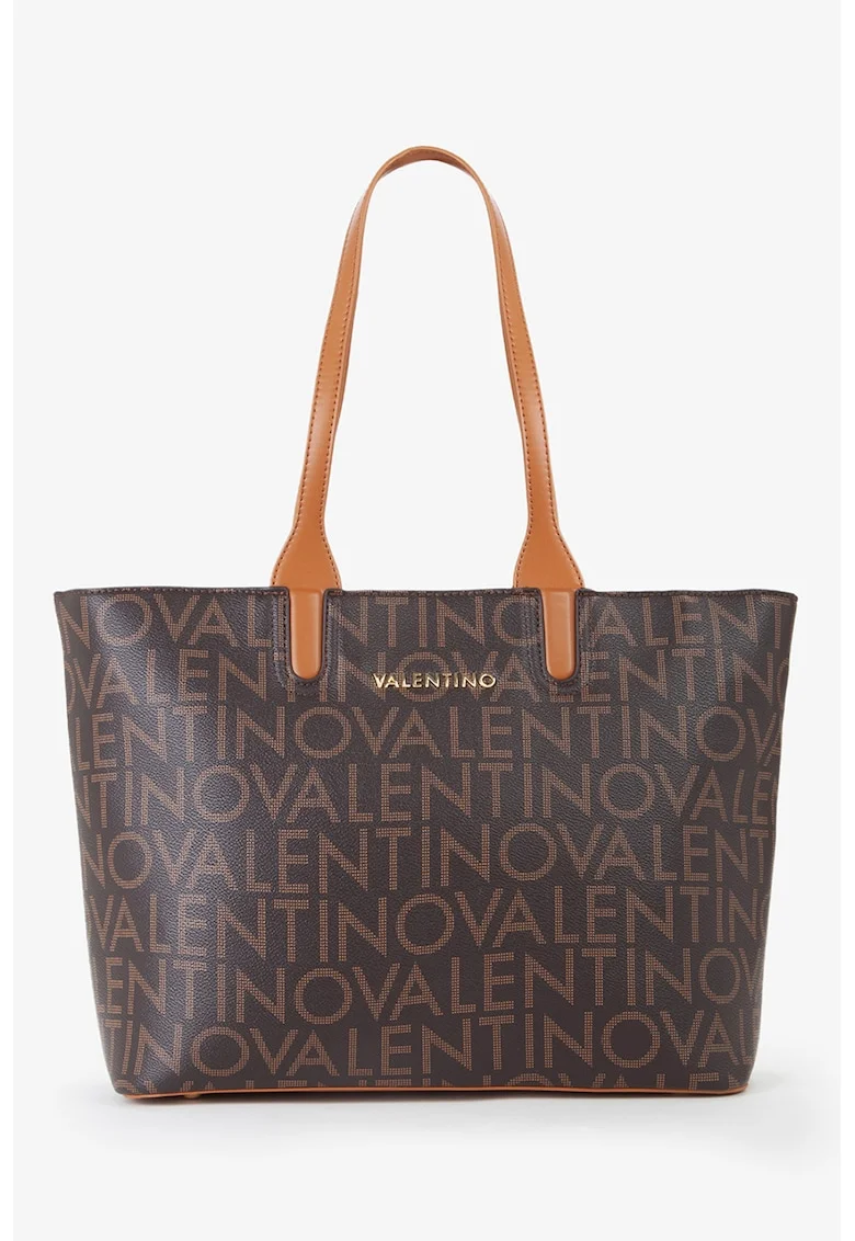 Geanta shopper de piele ecologica cu model logo, Maro inchis/Maro deschis