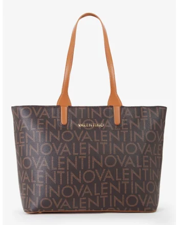 Geanta shopper de piele ecologica cu model logo, Maro inchis/Maro deschis