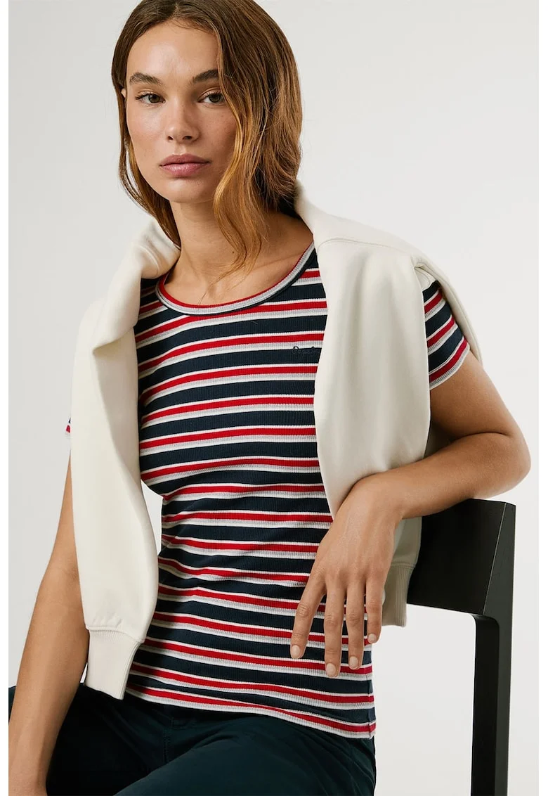 Tricou din amestec de bumbac cu model in dungi, Rosu/Alb/Albastru ultramarin