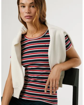 Tricou din amestec de bumbac cu model in dungi, Rosu/Alb/Albastru ultramarin