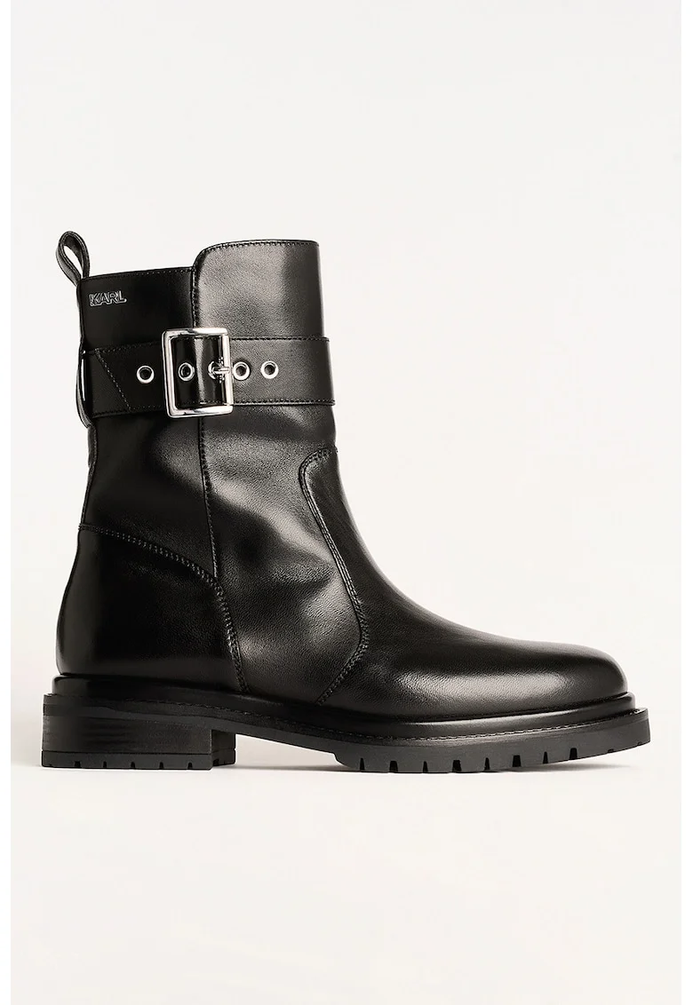 Botine din piele cu bareta decorativa cu catarama, Negru