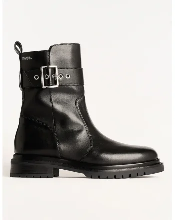 Botine din piele cu bareta decorativa cu catarama, Negru
