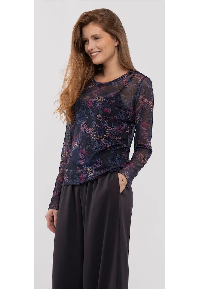 Bluza transparenta pentru femei  L-Baila, negru cu imprimeu grafic, croiala ampla, Negru/Negru transparent