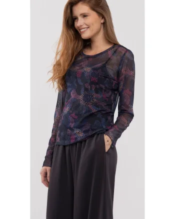 Bluza transparenta pentru femei  L-Baila, negru cu imprimeu grafic, croiala ampla, Negru/Negru transparent