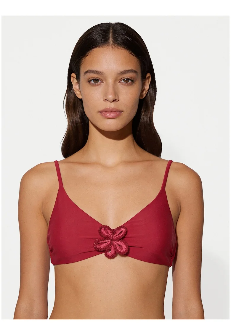 Top bikini femei,  rosu, material sintetic, floral, Rosu
