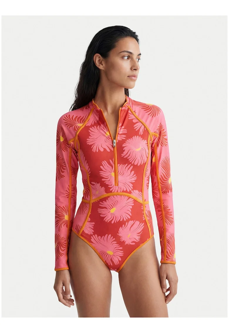 Costum de baie dama,  floral, roz, poliester-elastan-poliamida