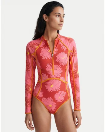 Costum de baie dama,  floral, roz, poliester-elastan-poliamida