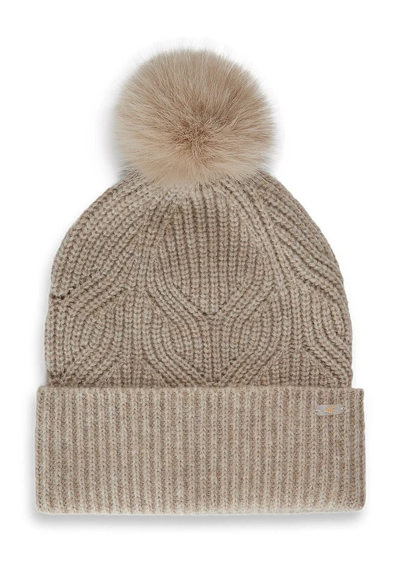 Caciula dama  beanie bej cu pompon 56x58cm