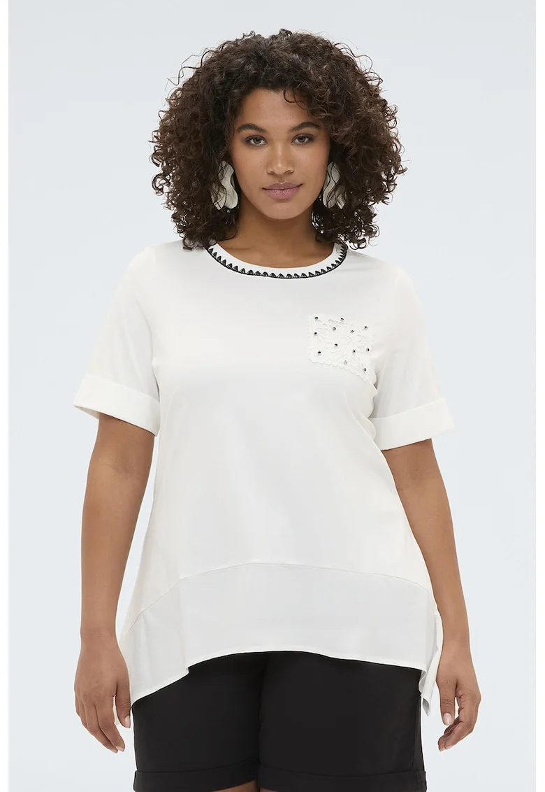 Tricou cu broderie florala, Alb/Negru