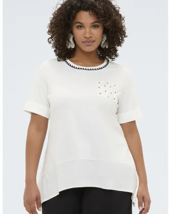 Tricou cu broderie florala, Alb/Negru