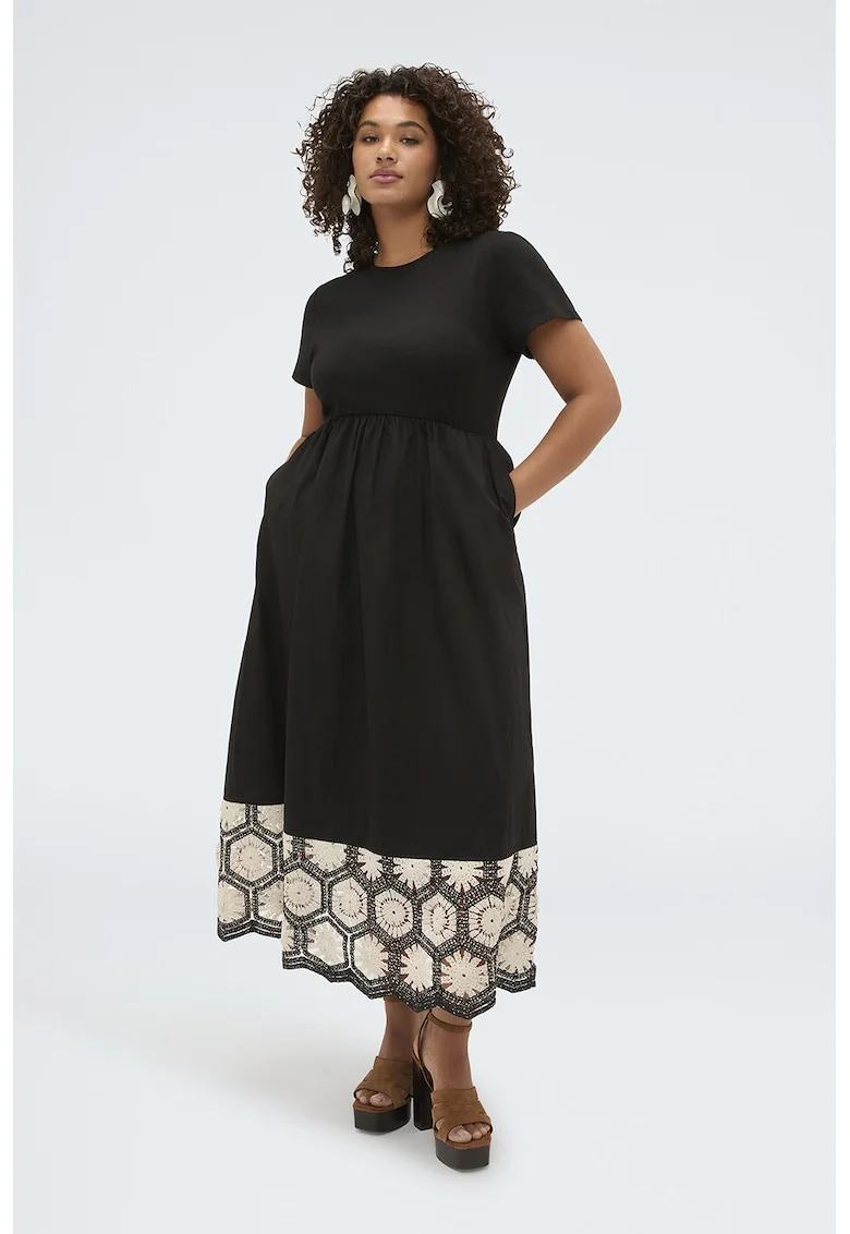 Rochie evazata cu buzunare laterale, Alb fildes/Negru