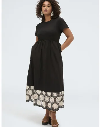 Rochie evazata cu buzunare laterale, Alb fildes/Negru